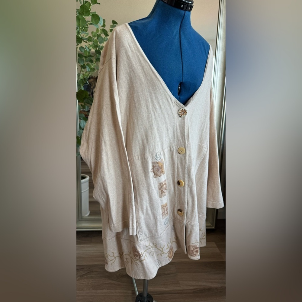 Blue Fish Clothing Cream Beige Art Hand Painted Button Down Cardigan